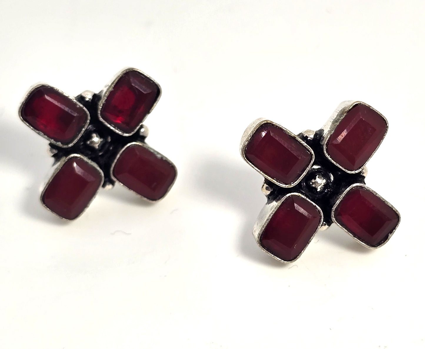 Synthetic Ruby emerald cut 4 stone large sterling silver stud earrings