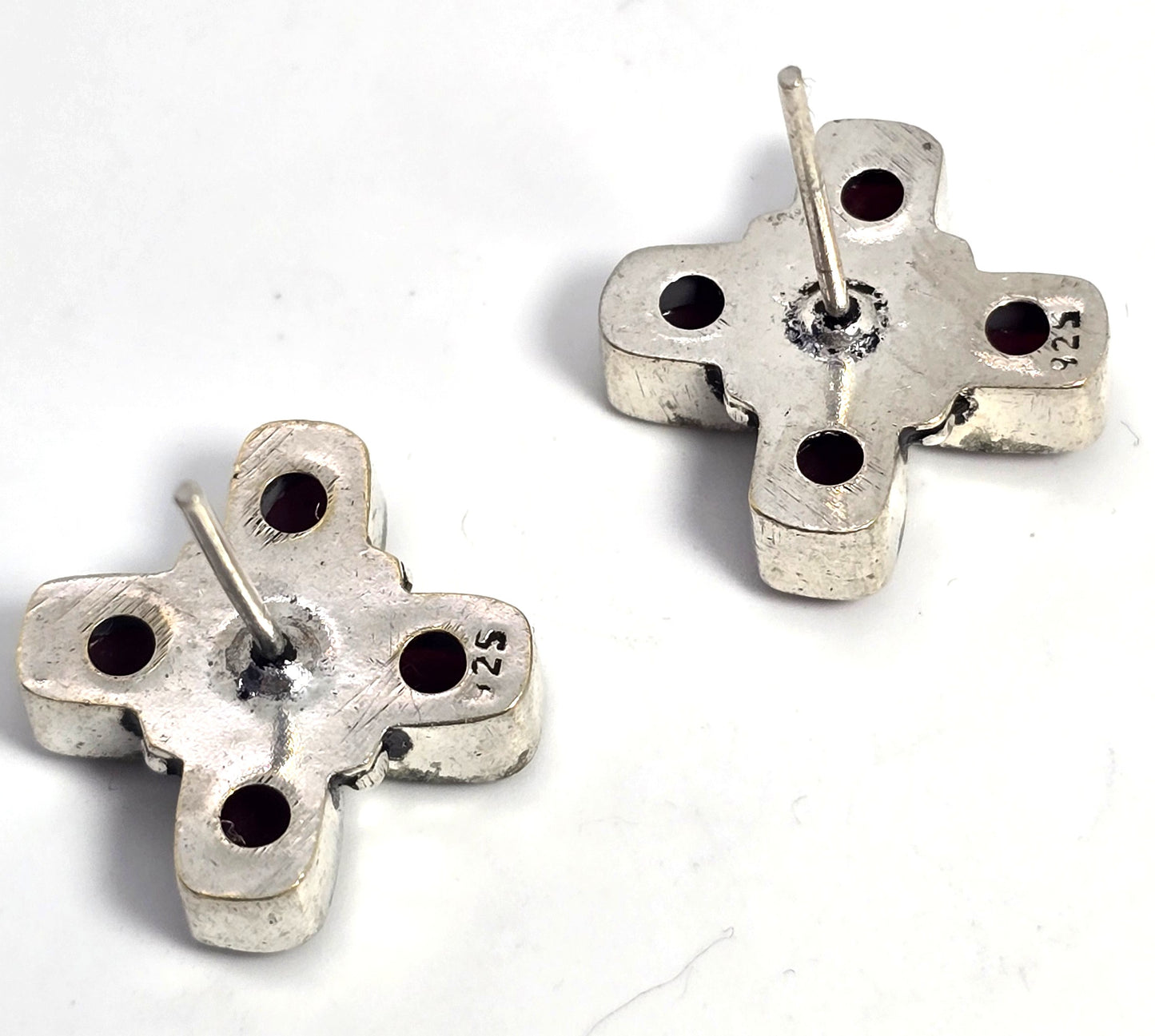 Synthetic Ruby emerald cut 4 stone large sterling silver stud earrings