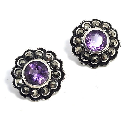 Purple Amethyst  Marcasite sparkling vintage sterling silver stud earrings