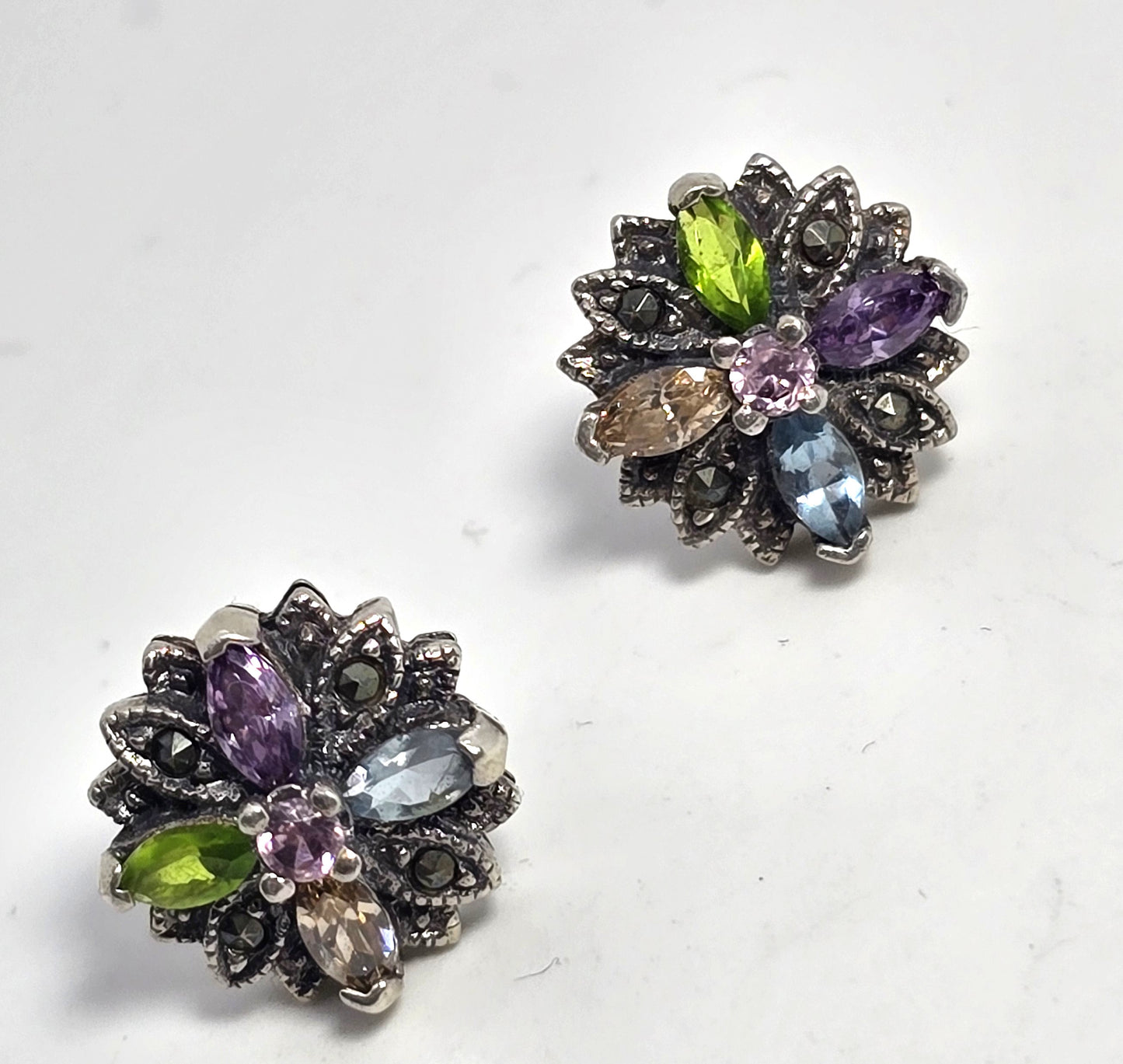 Multi gemstone marquis Cubic zirconia marcasite Sterling Silver stud earrings