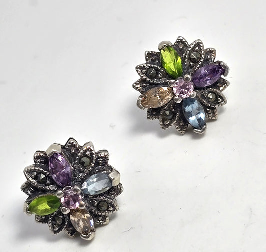 Multi gemstone marquis Cubic zirconia marcasite Sterling Silver stud earrings