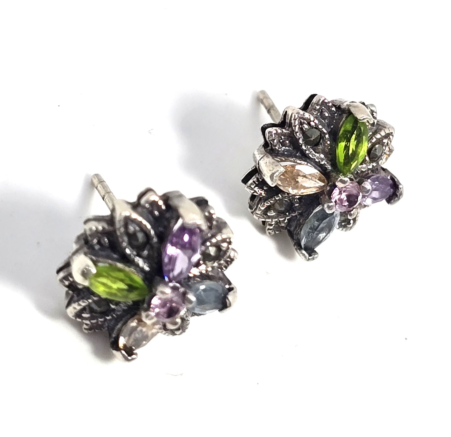 Multi gemstone marquis Cubic zirconia marcasite Sterling Silver stud earrings