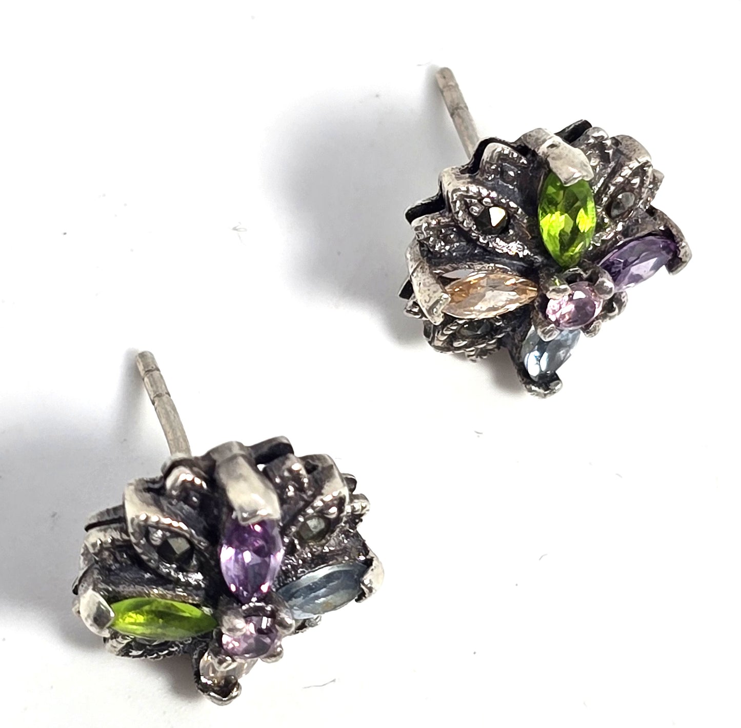 Multi gemstone marquis Cubic zirconia marcasite Sterling Silver stud earrings