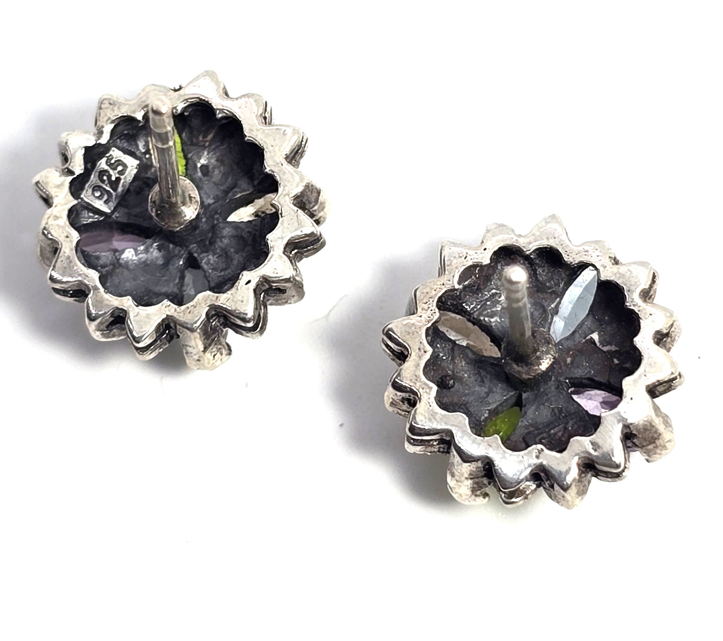 Multi gemstone marquis Cubic zirconia marcasite Sterling Silver stud earrings