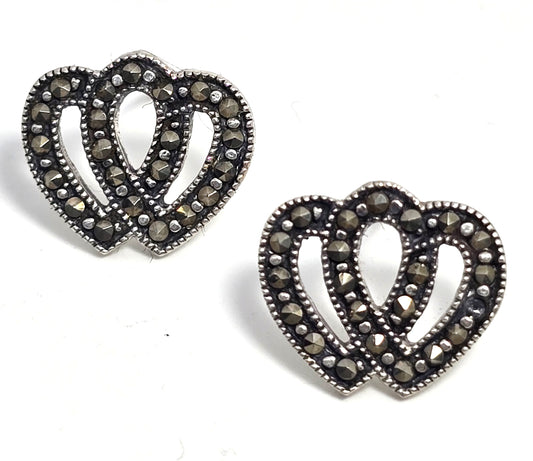 Double heart Marcasite vintage sterling silver stud earrings