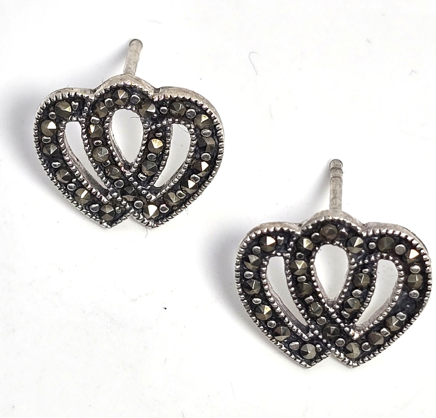 Double heart Marcasite vintage sterling silver stud earrings
