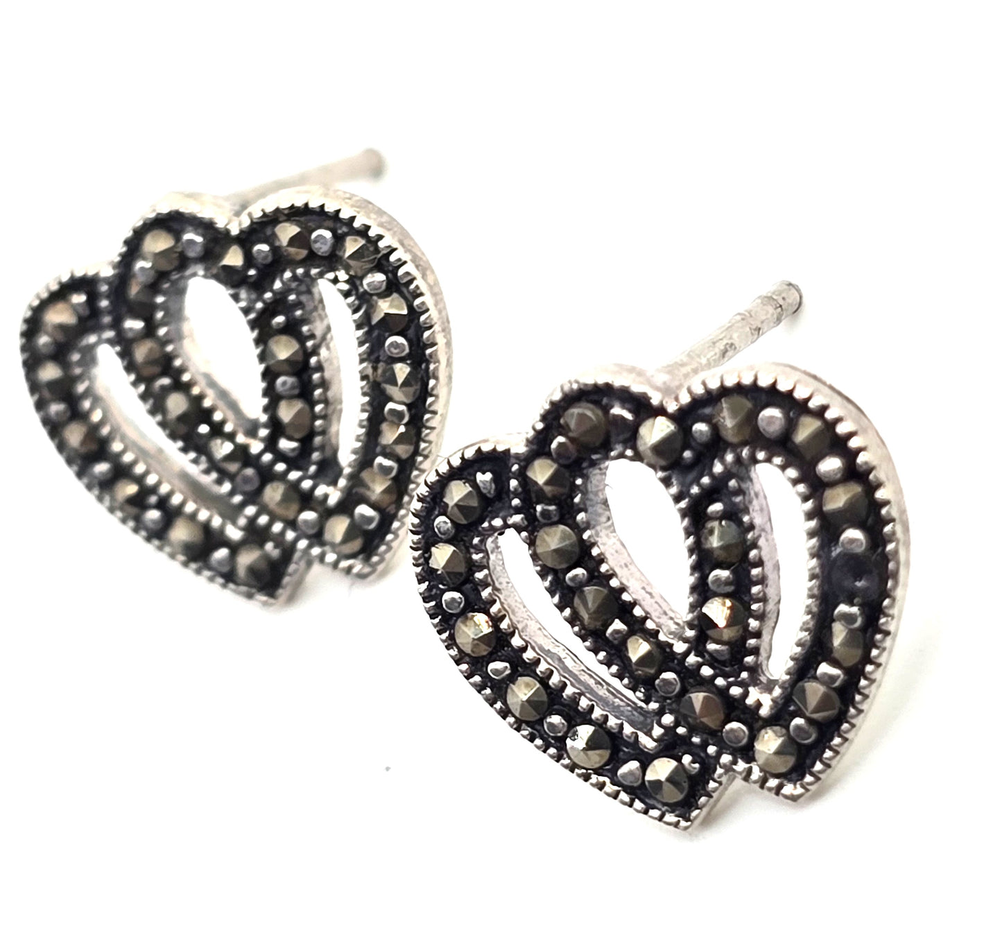 Double heart Marcasite vintage sterling silver stud earrings