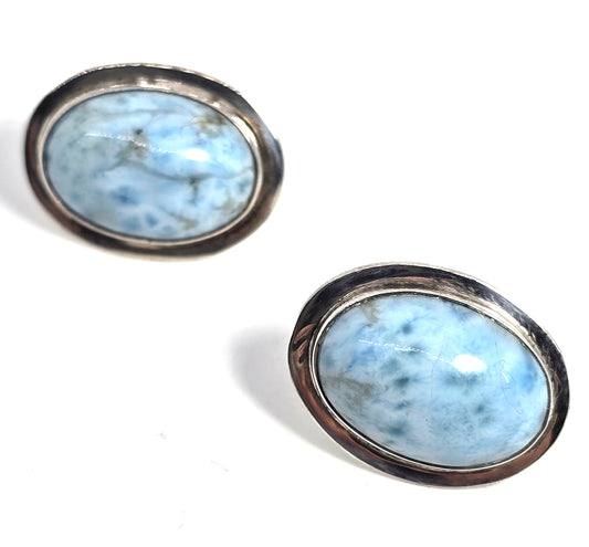 Larimar blue gemstone Dominican Republic large sterling silver vintage stud earrings