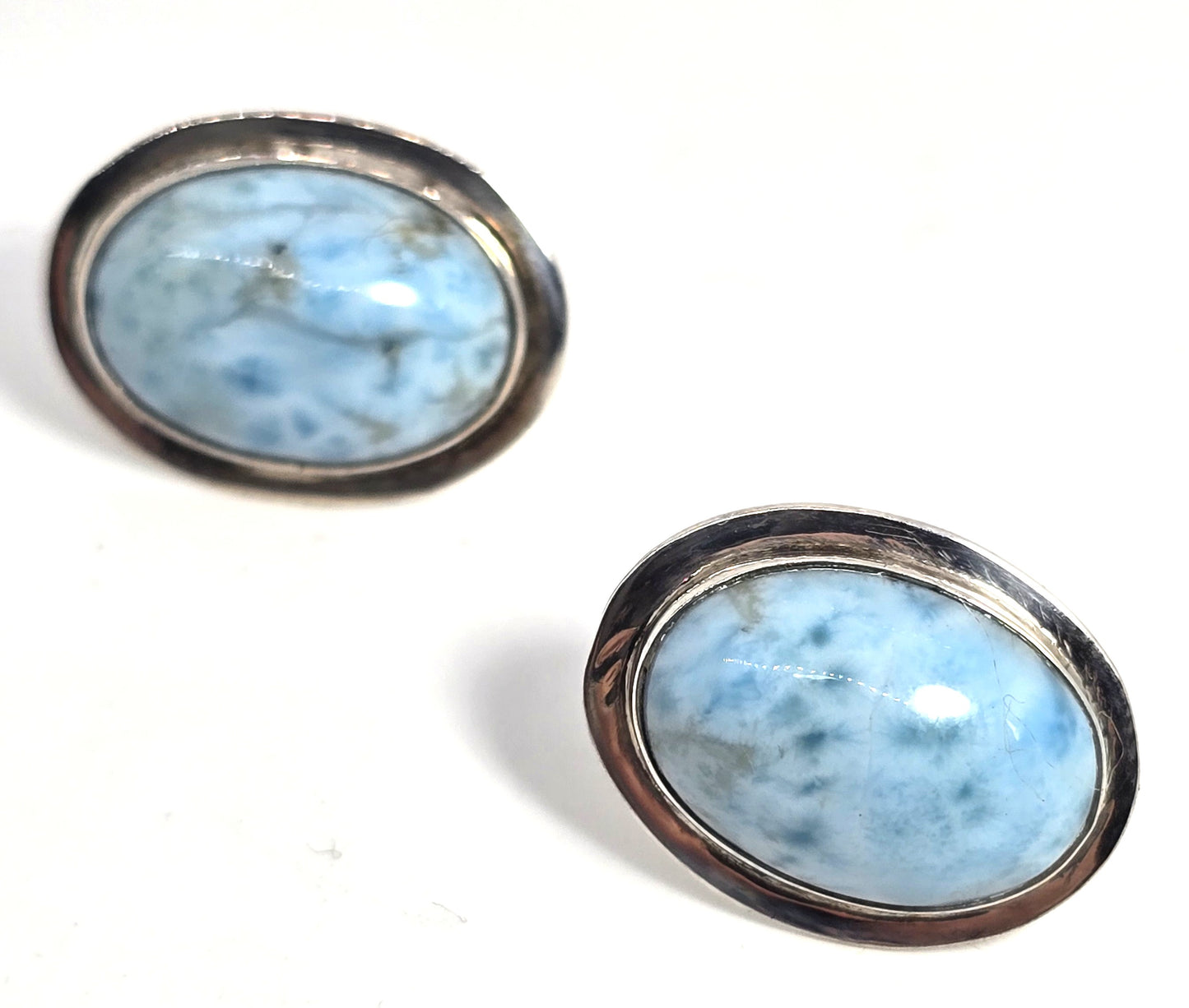 Larimar blue gemstone Dominican Republic large sterling silver vintage stud earrings