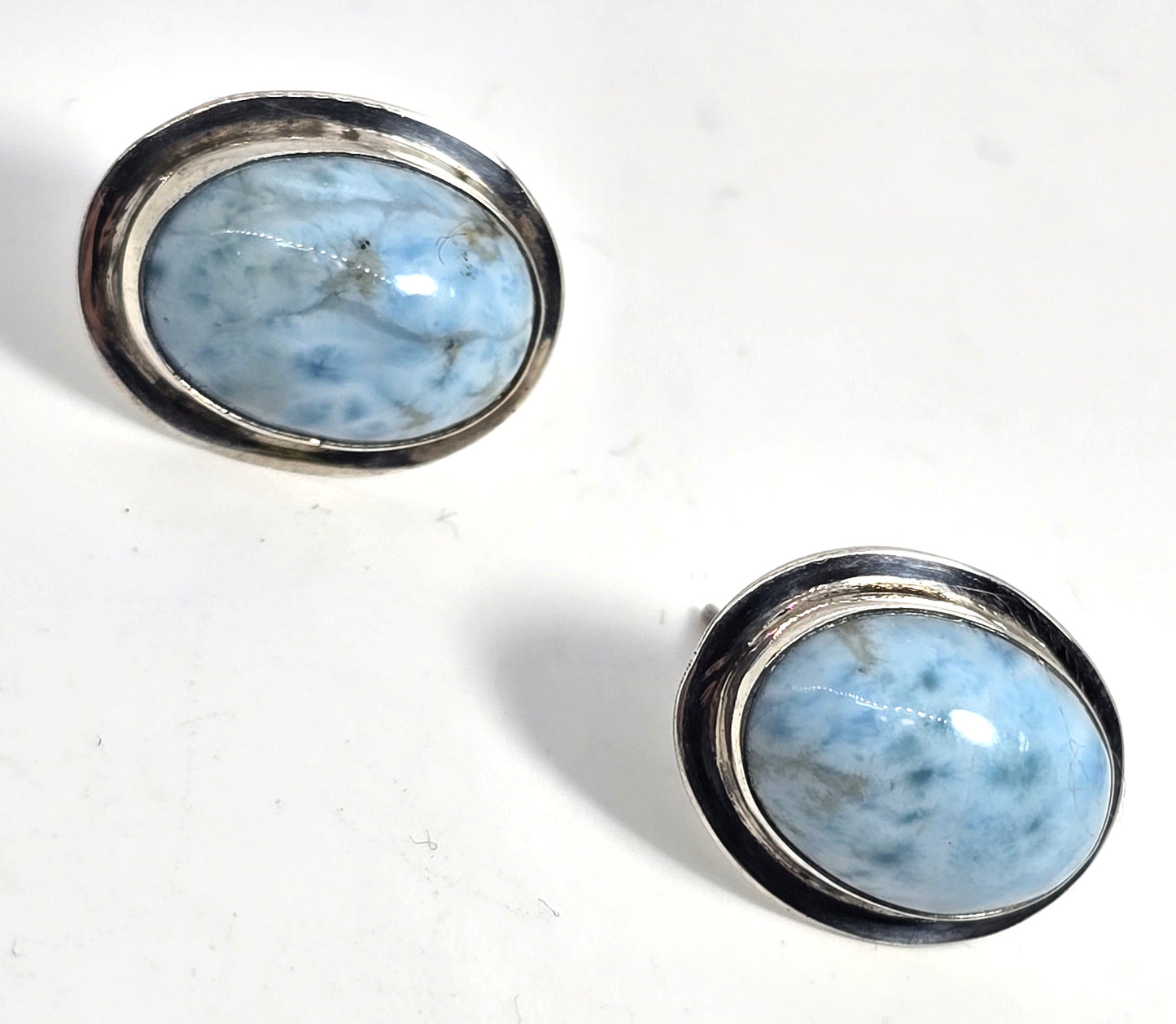 Larimar blue gemstone Dominican Republic large sterling silver vintage stud earrings