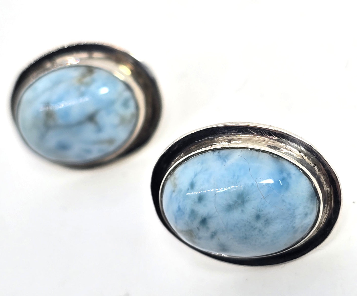 Larimar blue gemstone Dominican Republic large sterling silver vintage stud earrings