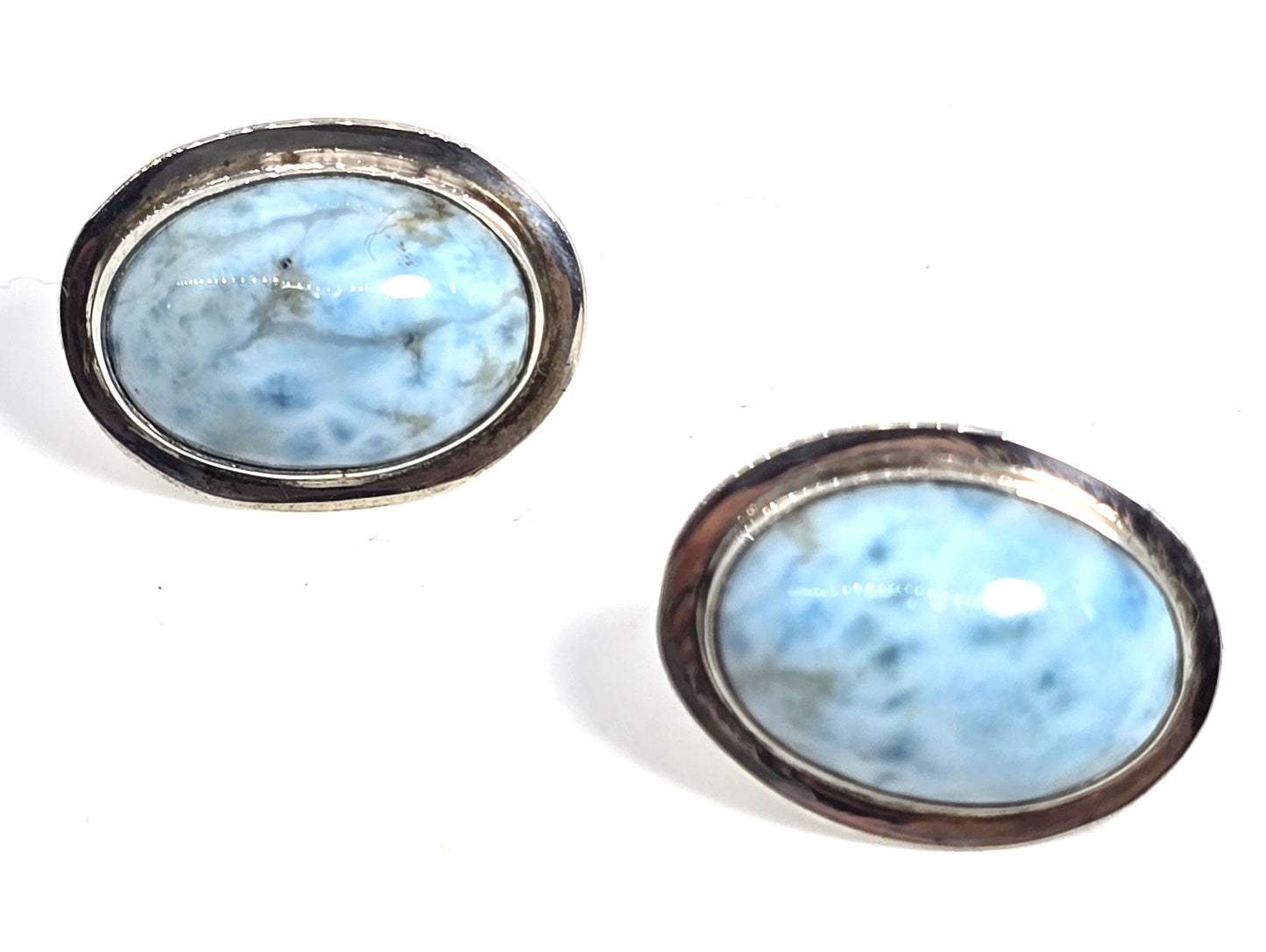 Larimar blue gemstone Dominican Republic large sterling silver vintage stud earrings