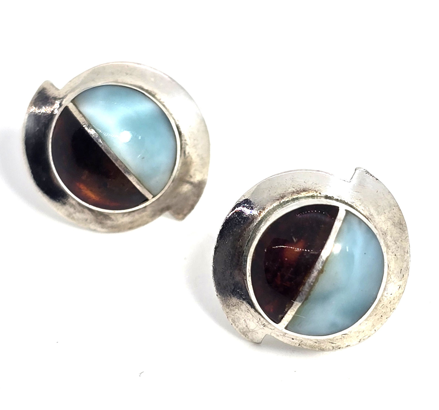 Larimar Amber gemstone abstract large sterling silver vintage stud earrings