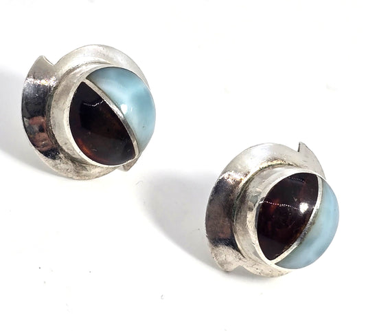 Larimar Amber gemstone abstract large sterling silver vintage stud earrings