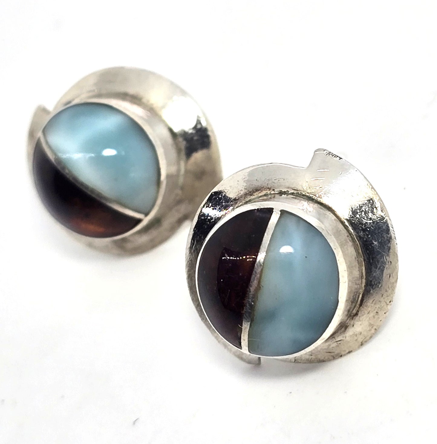 Larimar Amber gemstone abstract large sterling silver vintage stud earrings
