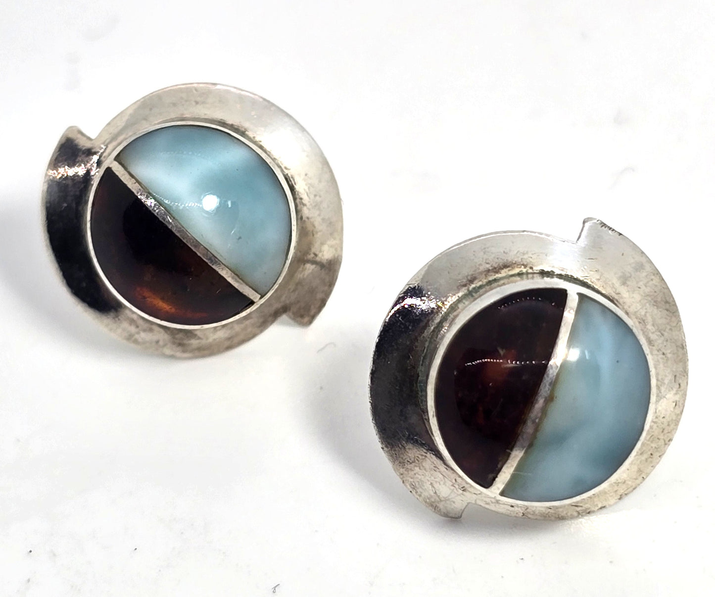 Larimar Amber gemstone abstract large sterling silver vintage stud earrings