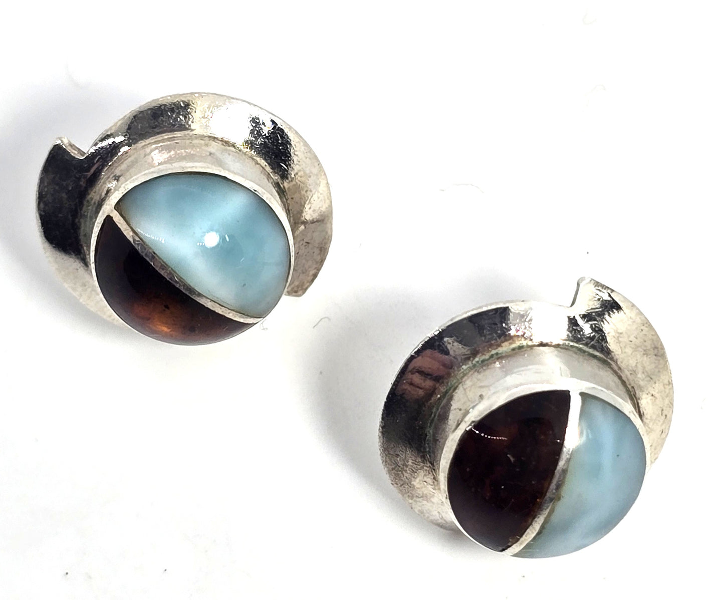 Larimar Amber gemstone abstract large sterling silver vintage stud earrings