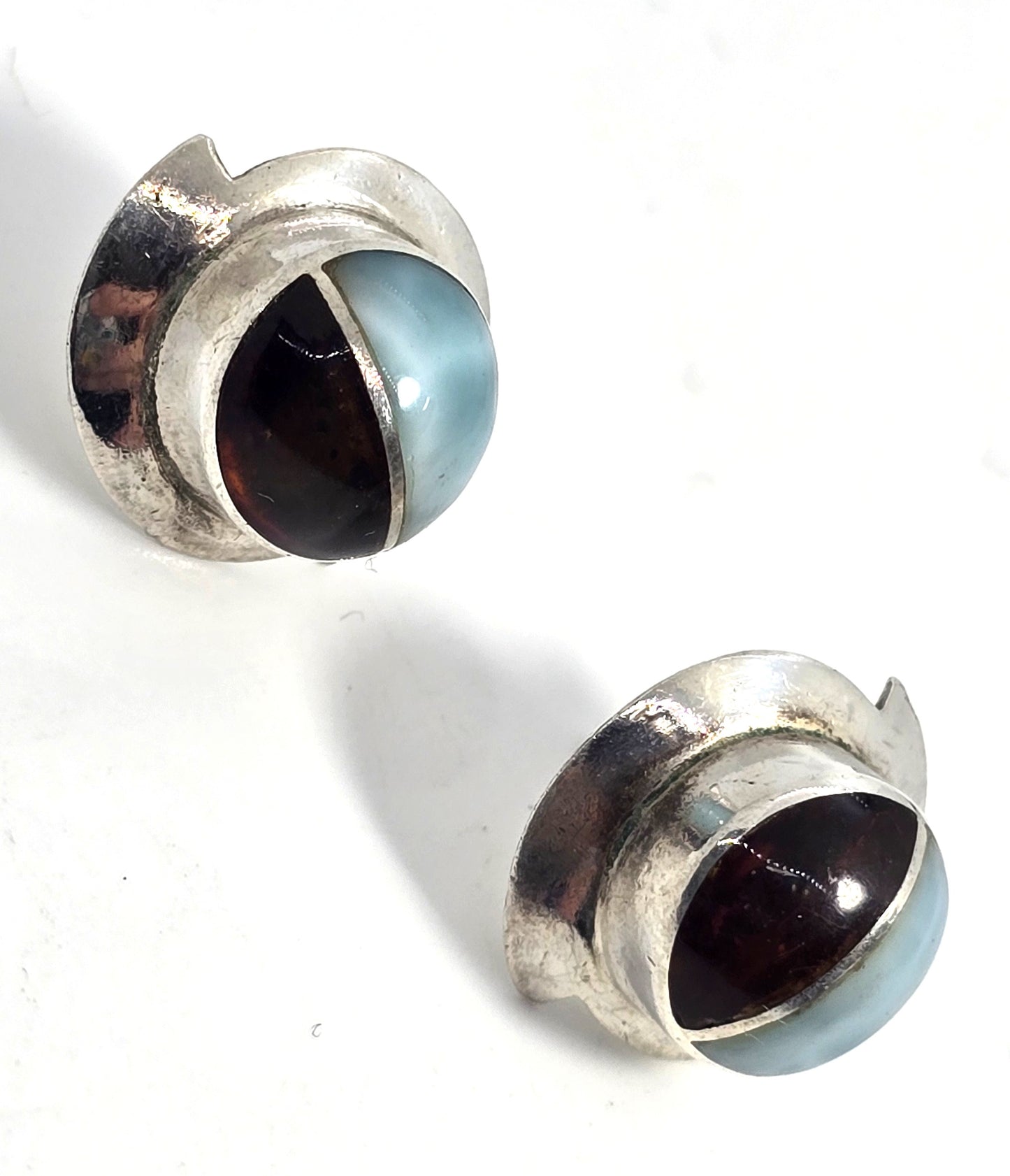 Larimar Amber gemstone abstract large sterling silver vintage stud earrings