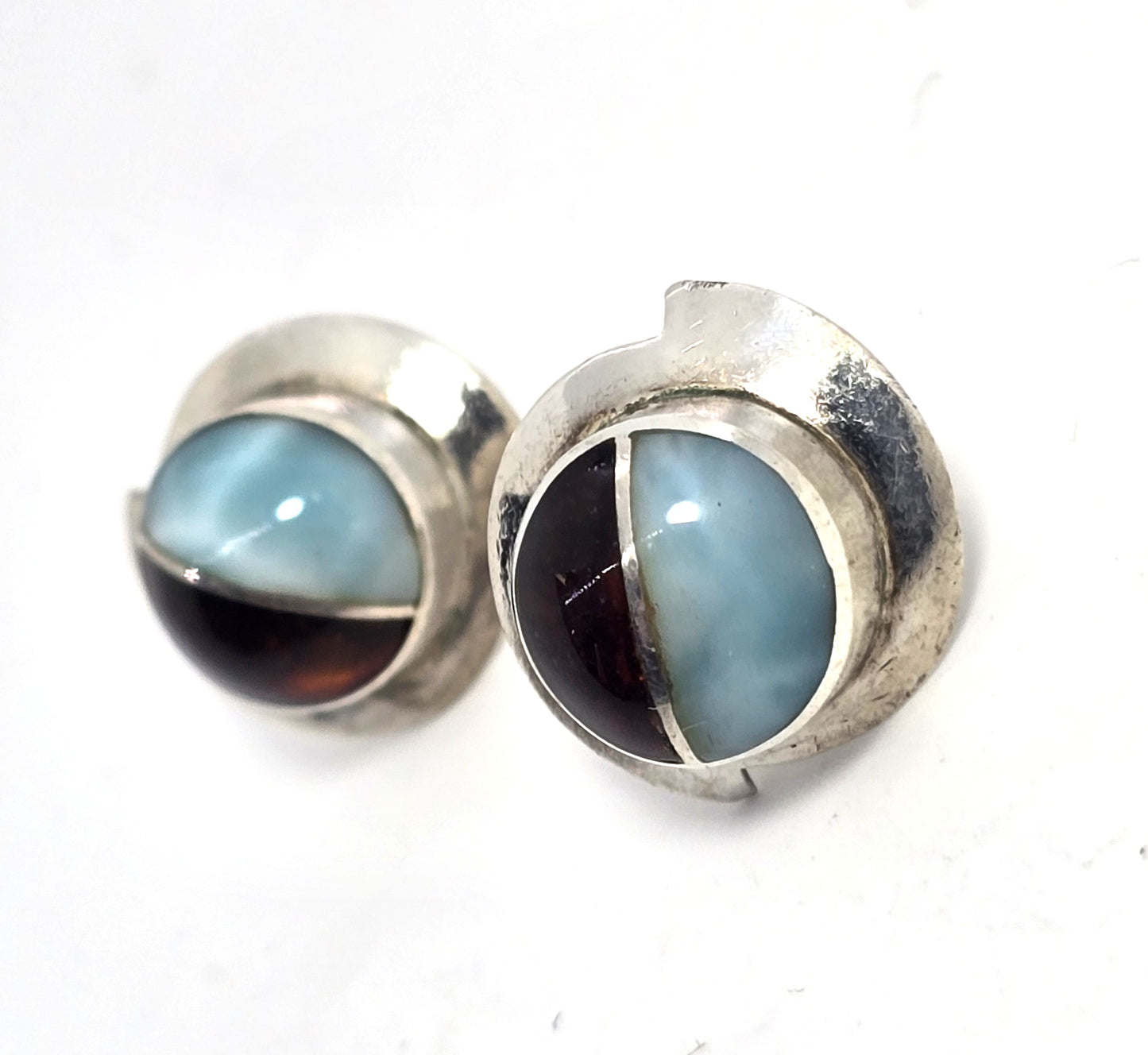 Larimar Amber gemstone abstract large sterling silver vintage stud earrings
