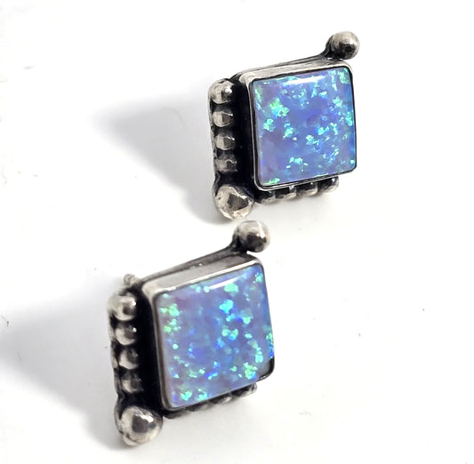Blue opal tribal vintage sterling silver stud earrings