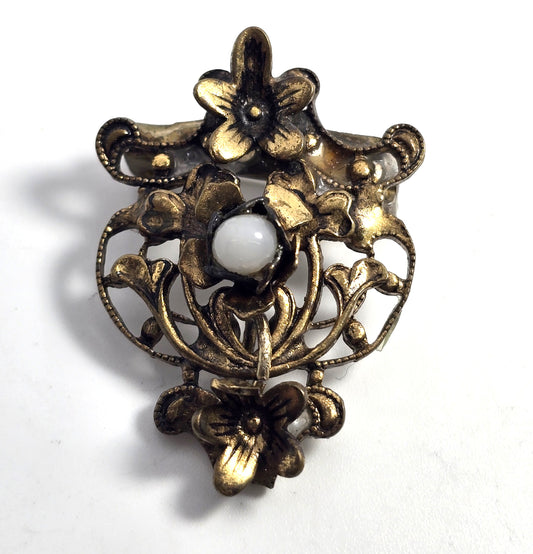 Art Nouveau style faux pearl flower vintage brass brooch