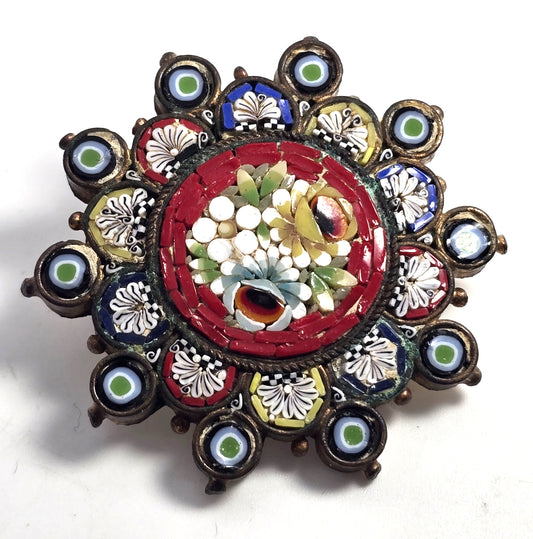 Micro Mosaic Mandala flower layered vintage Italian Italy brooch pin