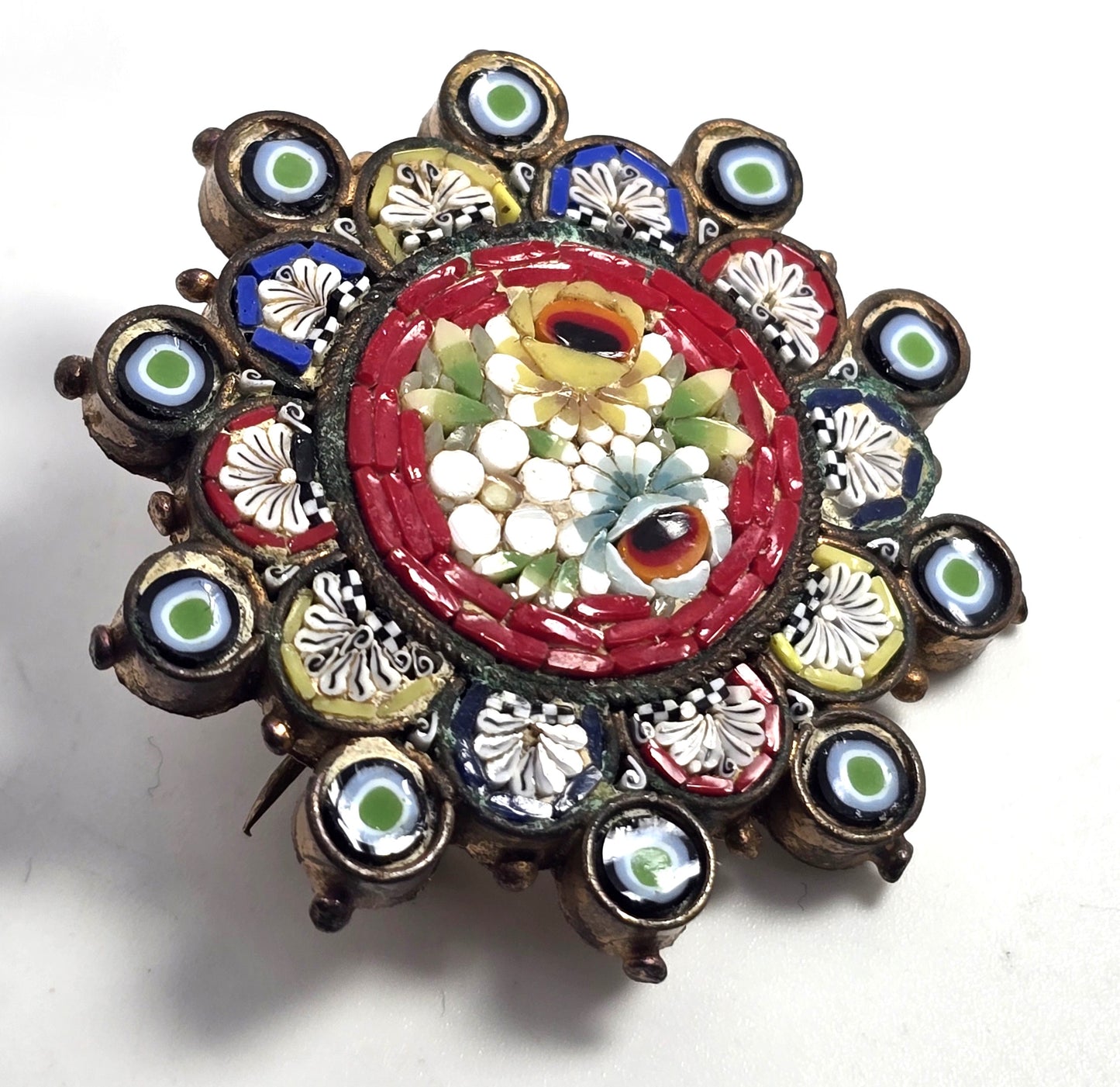 Micro Mosaic Mandala flower layered vintage Italian Italy brooch pin