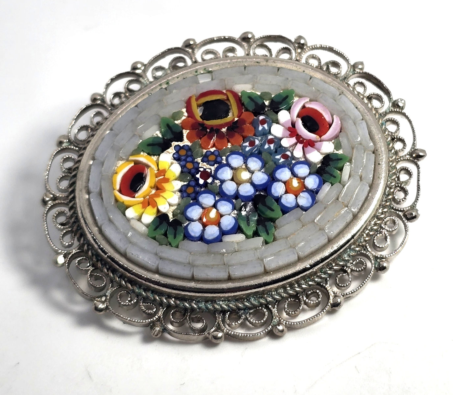 Micro Mosaic flower bouquet silver toned vintage Italian Italy brooch pin