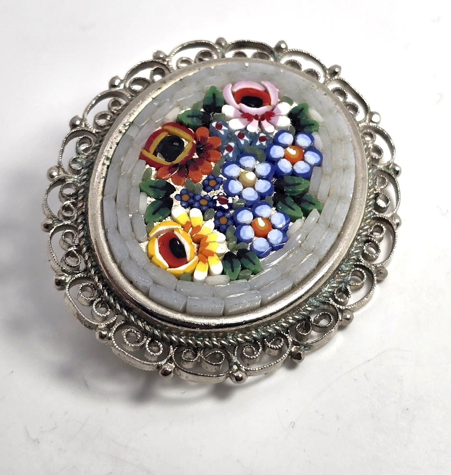 Micro Mosaic flower bouquet silver toned vintage Italian Italy brooch pin