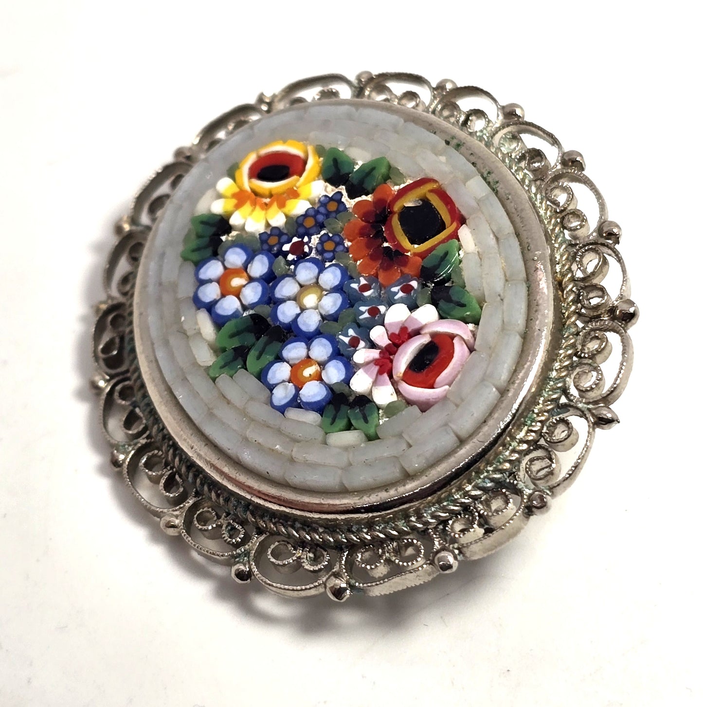 Micro Mosaic flower bouquet silver toned vintage Italian Italy brooch pin