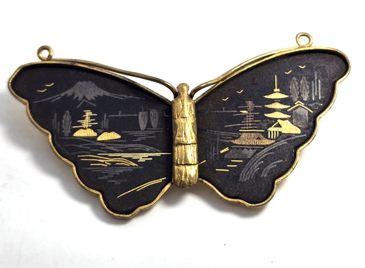 Amita Japanese Damascene butterfly vintage gold etched brooch signed Japan