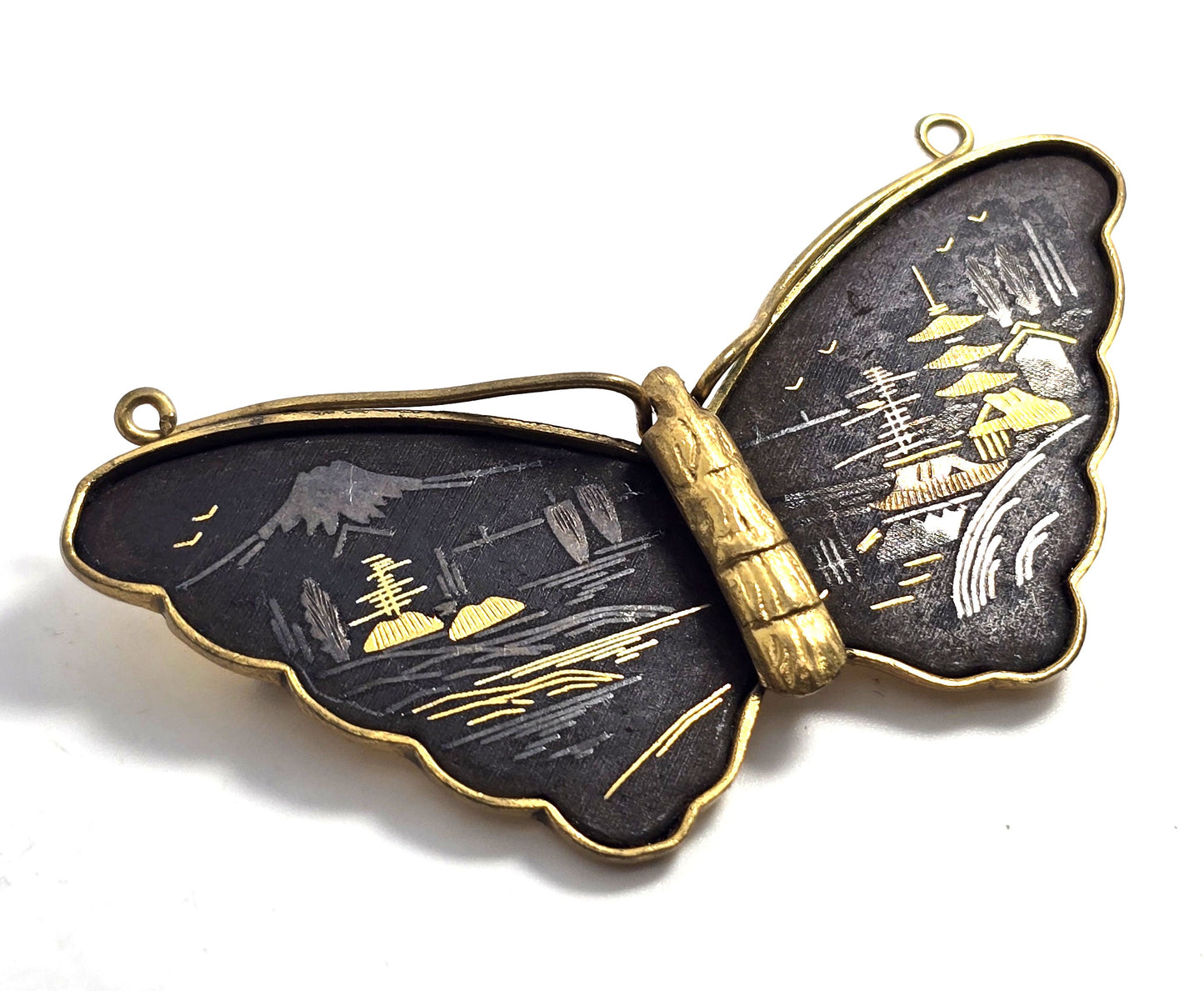 Amita Japanese Damascene butterfly vintage gold etched brooch signed Japan