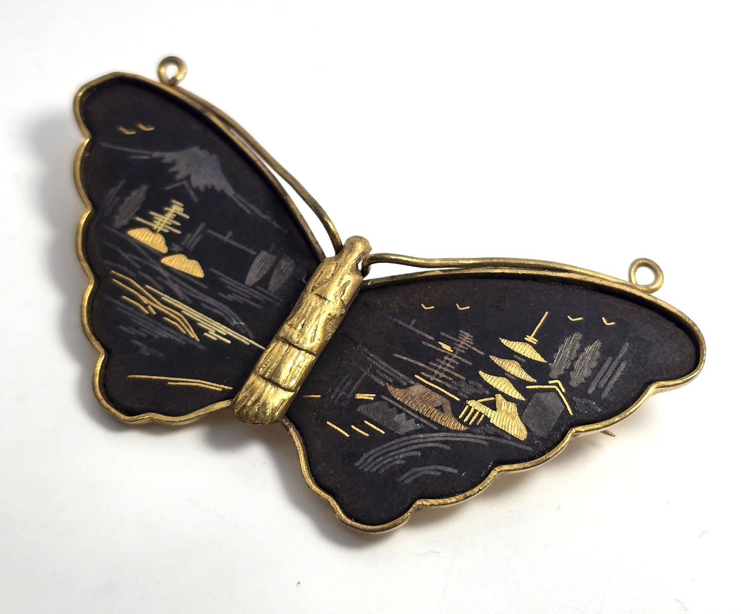 Amita Japanese Damascene butterfly vintage gold etched brooch signed Japan