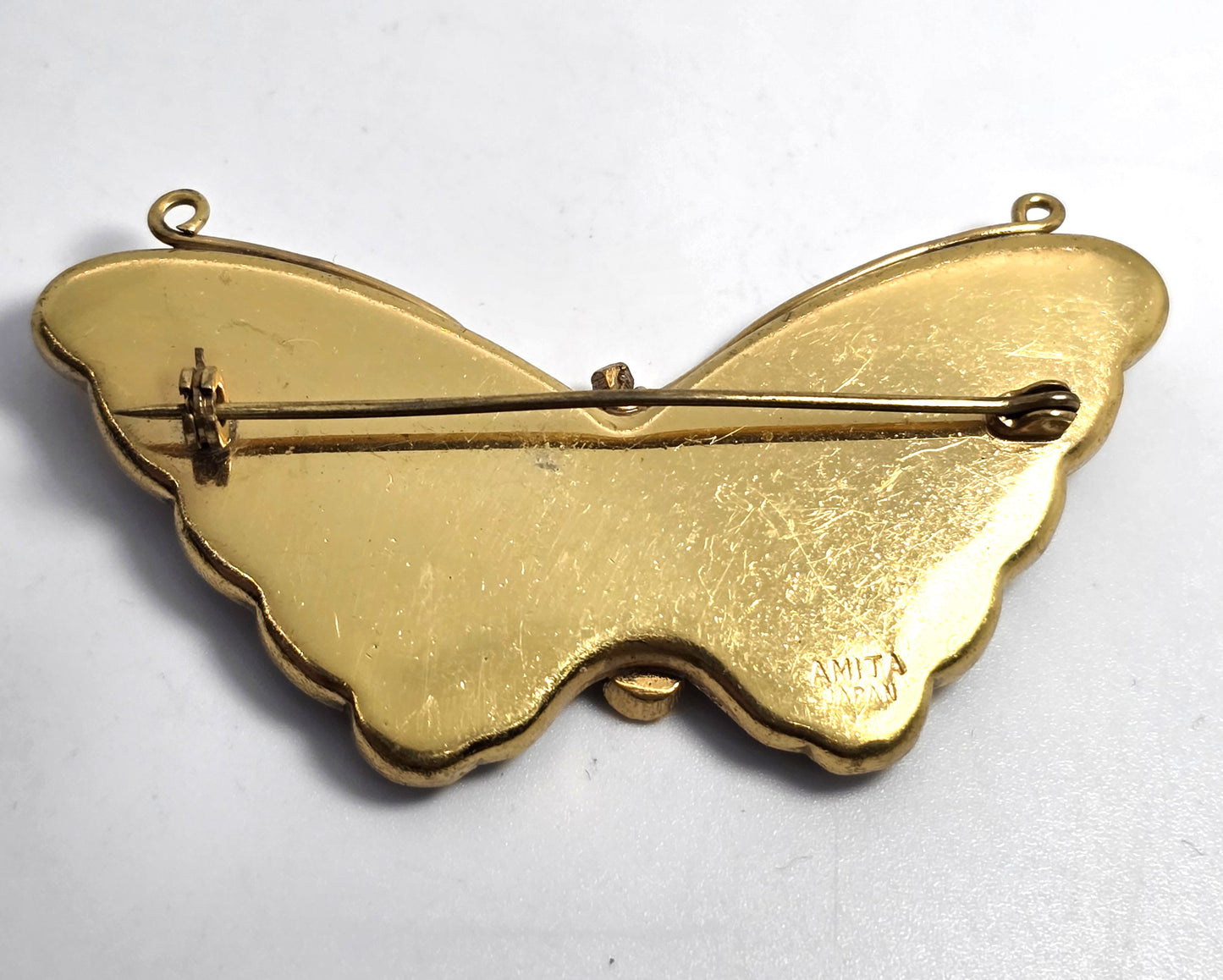 Amita Japanese Damascene butterfly vintage gold etched brooch signed Japan
