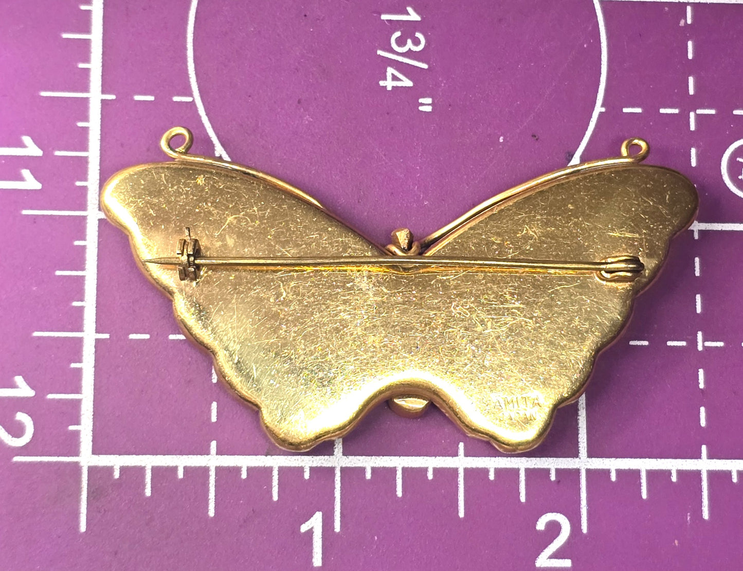 Amita Japanese Damascene butterfly vintage gold etched brooch signed Japan