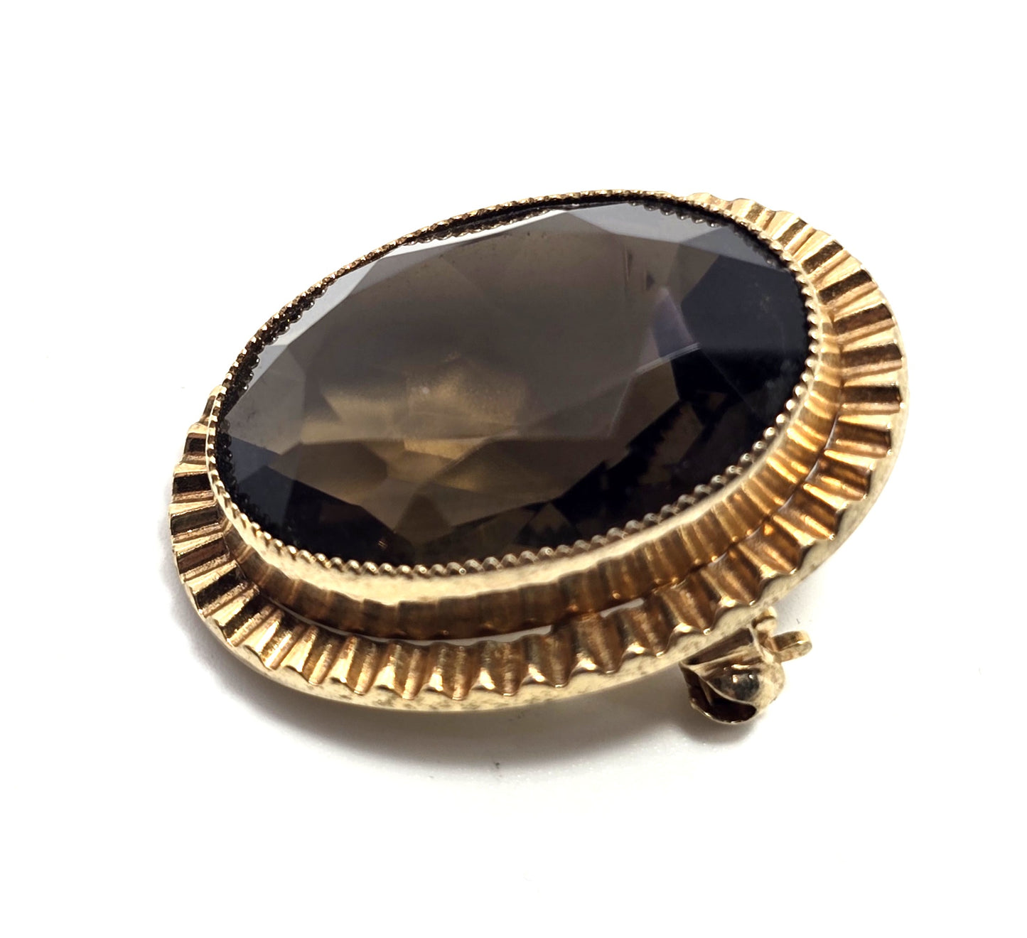 Smoky Quartz 25ct large gemstone vintage MCM 12k gold filled brooch