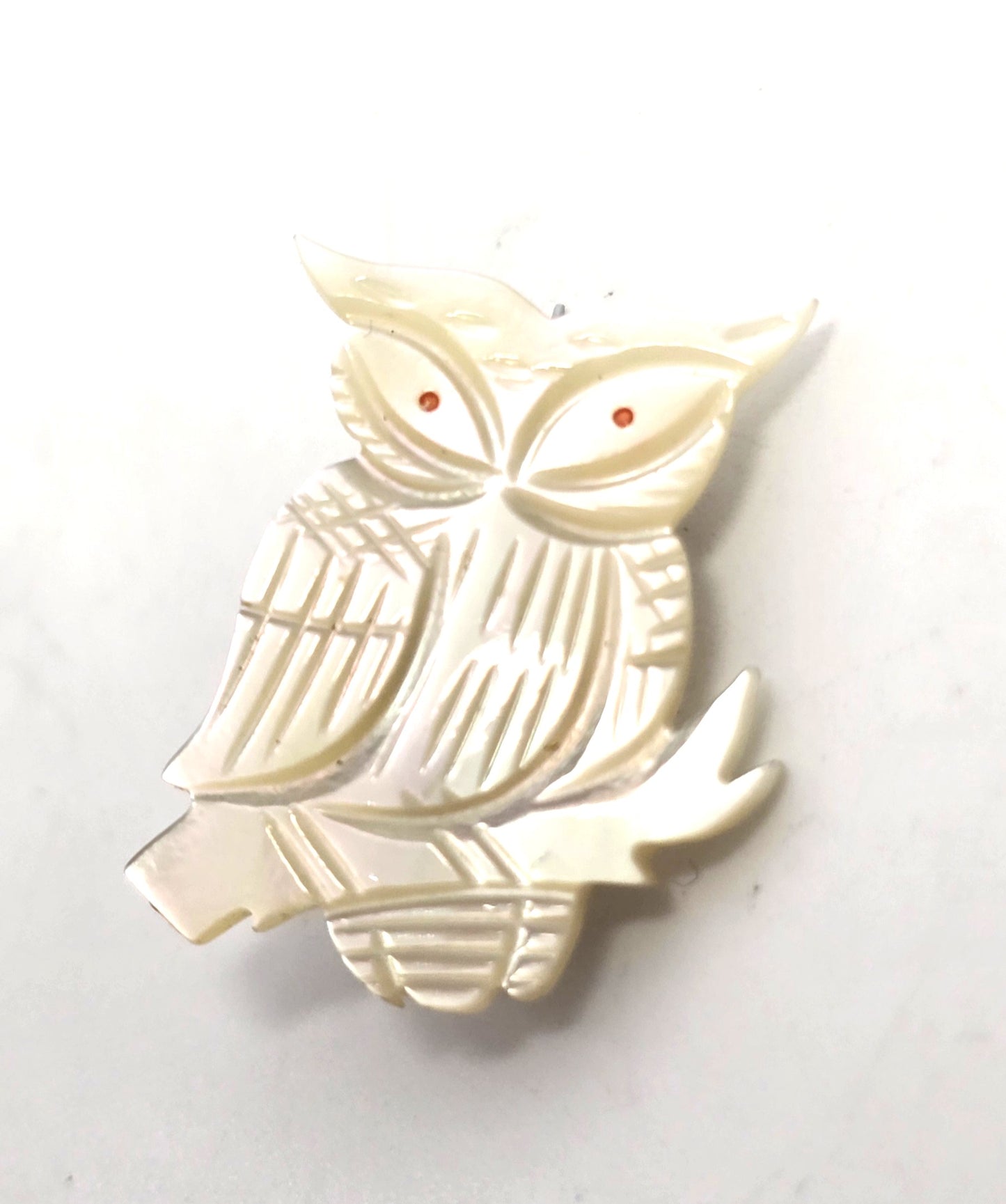 Mother of pearl white carved shell owl bird vintage brooch