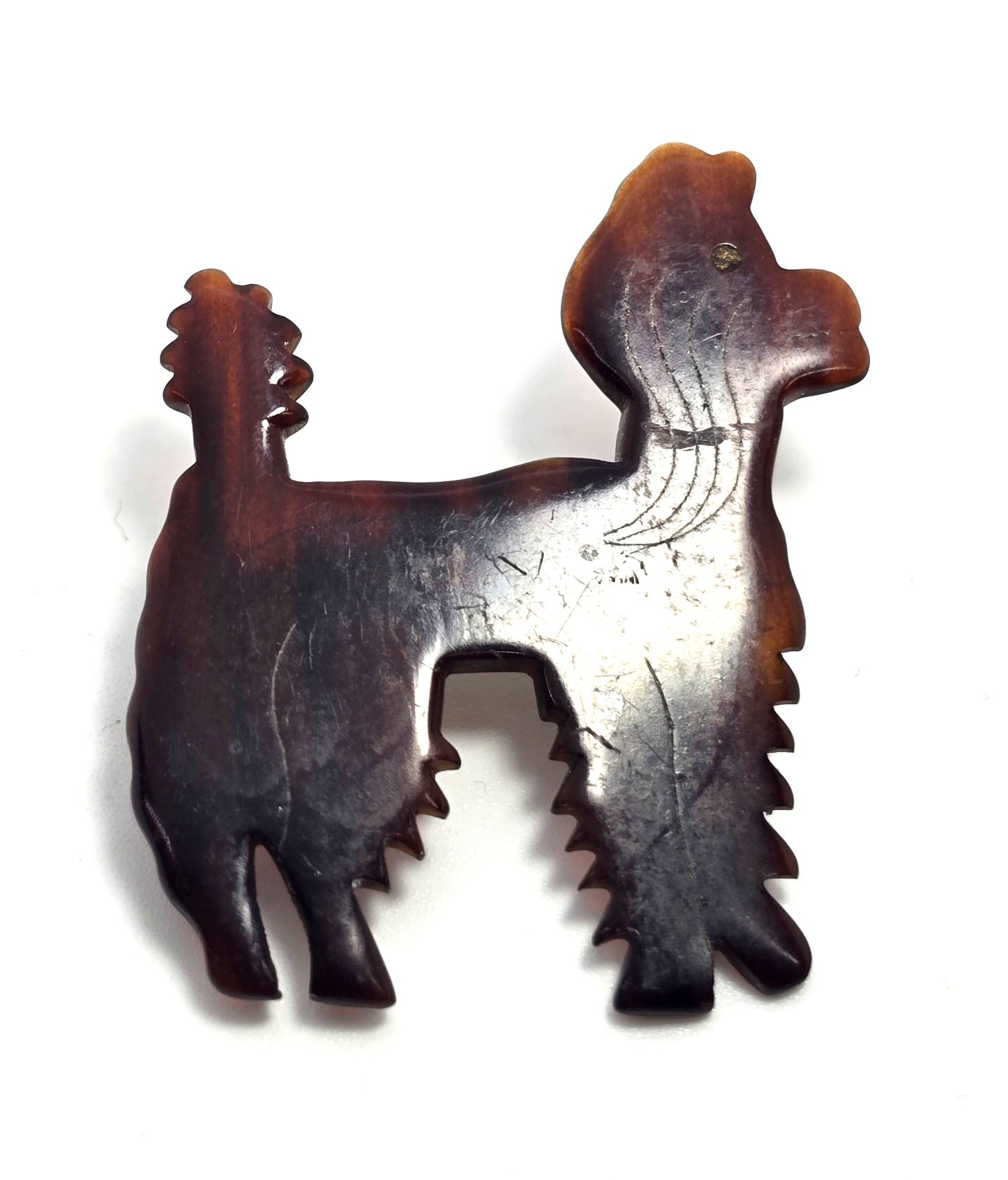 Tortoise shell faux brown Lucite carved Poodle dog vintage brooch