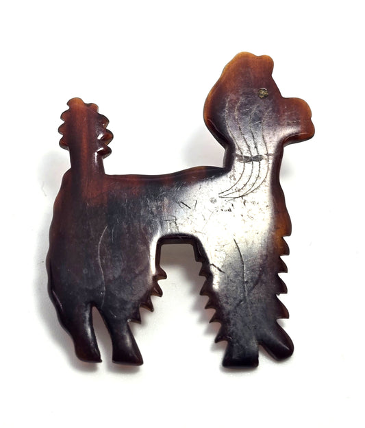 Tortoise shell faux brown Lucite carved Poodle dog vintage brooch