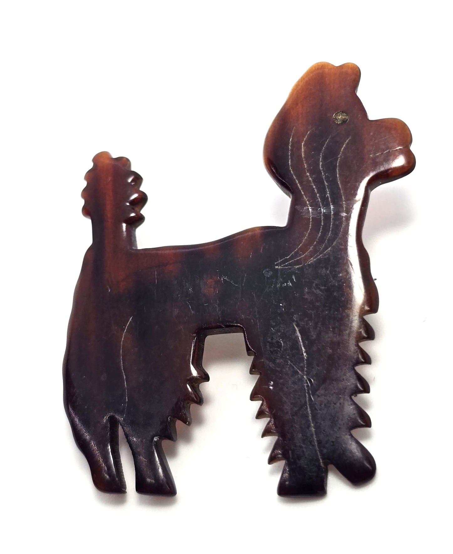 Tortoise shell faux brown Lucite carved Poodle dog vintage brooch