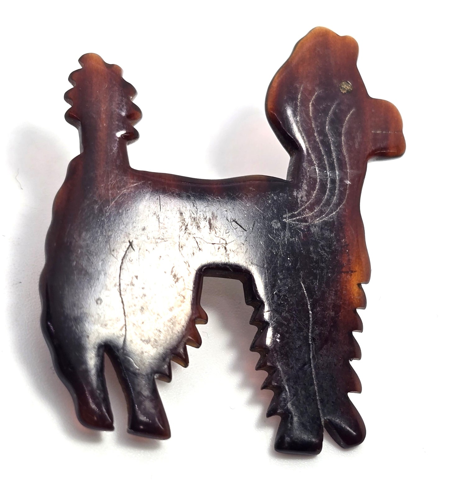 Tortoise shell faux brown Lucite carved Poodle dog vintage brooch