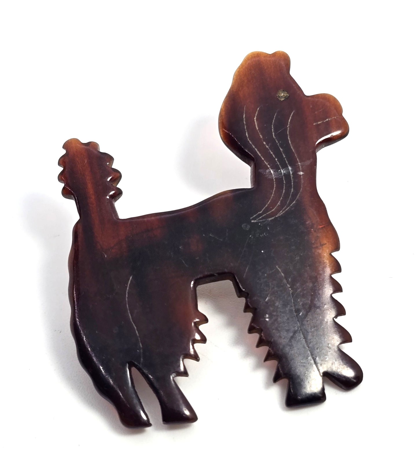 Tortoise shell faux brown Lucite carved Poodle dog vintage brooch