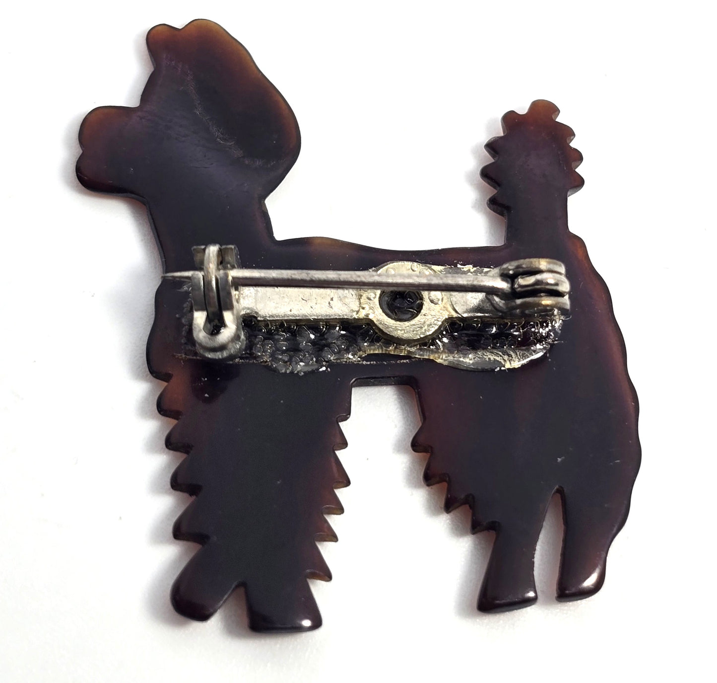 Tortoise shell faux brown Lucite carved Poodle dog vintage brooch