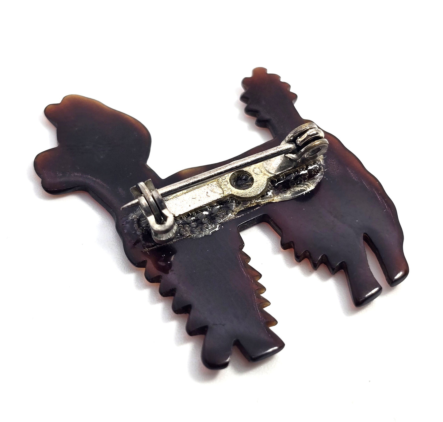 Tortoise shell faux brown Lucite carved Poodle dog vintage brooch