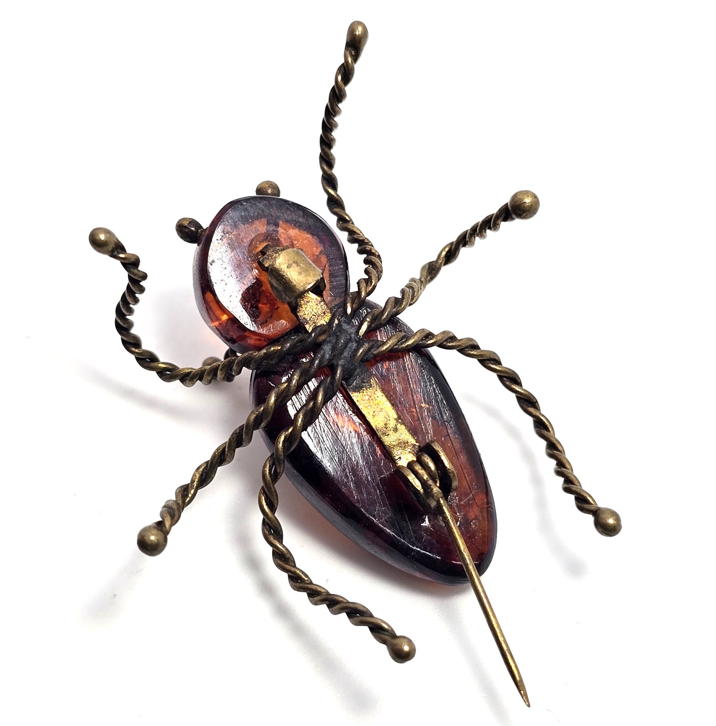Dark orange Amber vintage large ant insect bug brooch pin