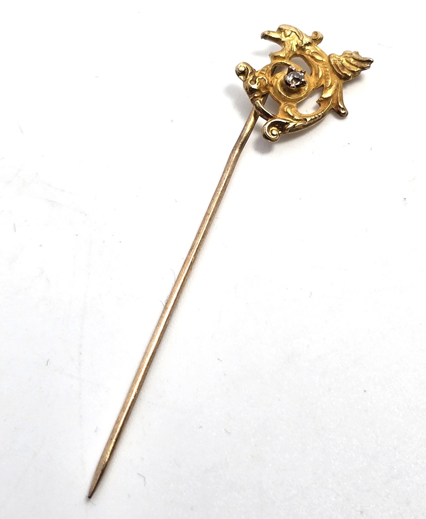 Victorian Gryphon 10k gold diamond accent antique stick lapel pin brooch