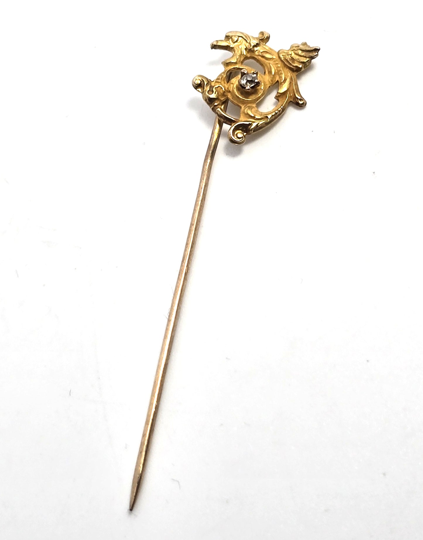Victorian Gryphon 10k gold diamond accent antique stick lapel pin brooch