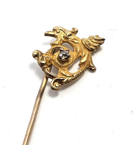 Victorian Gryphon 10k gold diamond accent antique stick lapel pin brooch