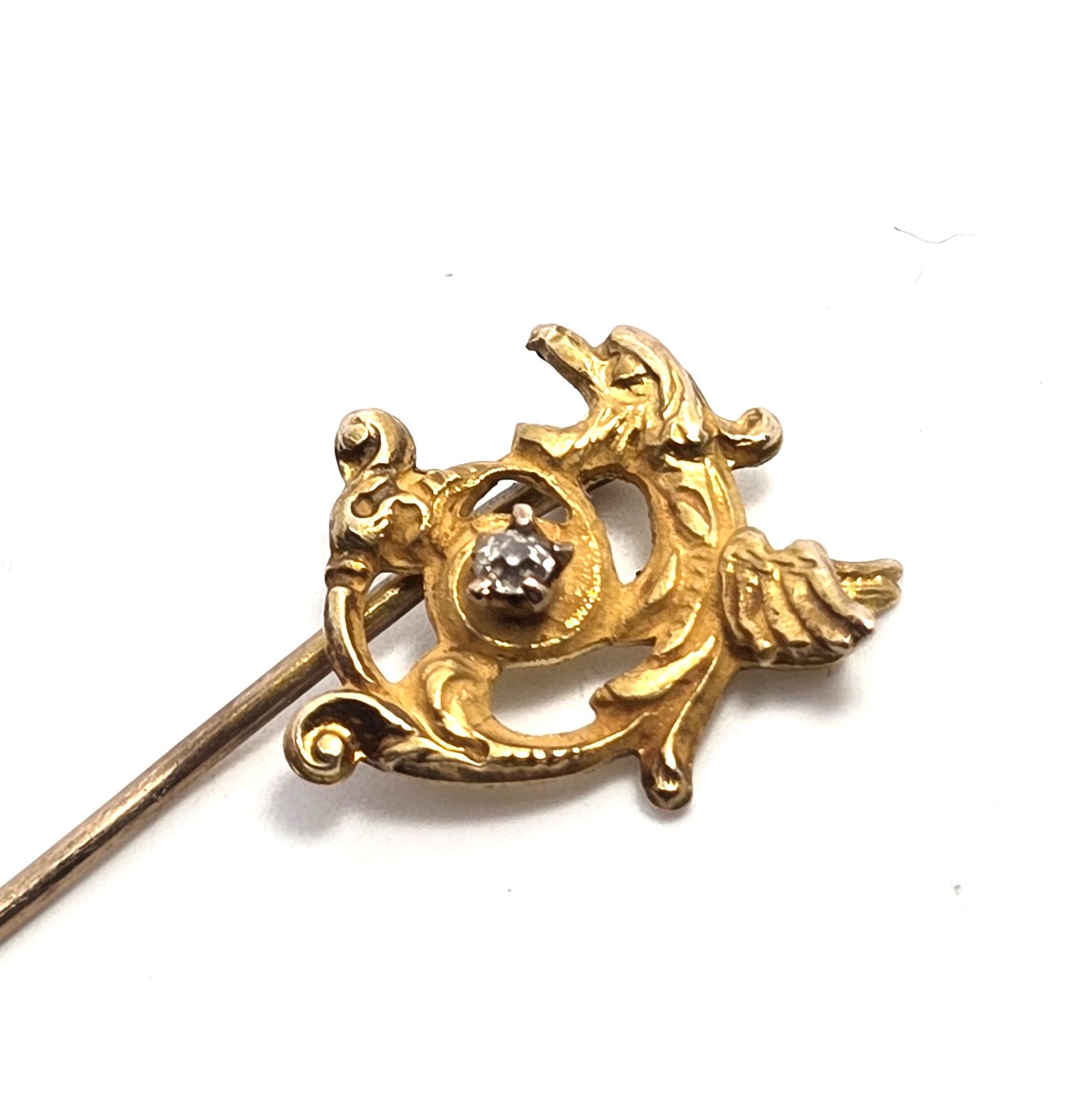 Victorian Gryphon 10k gold diamond accent antique stick lapel pin brooch