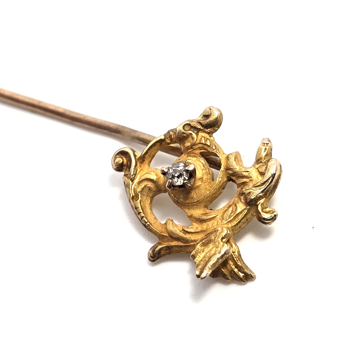 Victorian Gryphon 10k gold diamond accent antique stick lapel pin brooch